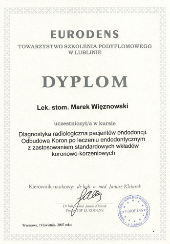 Certyfikat dla Stomatologia Marek Więznowski